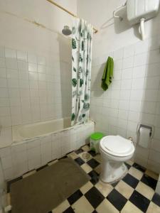a bathroom with a white toilet and a shower at Downtown Room in Asuncion