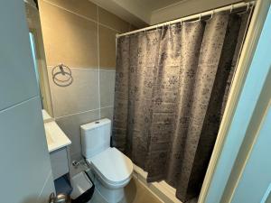 a bathroom with a toilet and a shower curtain at Departamento downtown inn - Chillan Factura Empresas in Chillán