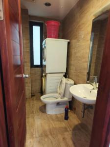 La salle de bains est pourvue de toilettes et d'un lavabo. dans l'établissement Davidduc's Duplex Apartment Xom Chua (5F), à Hanoï