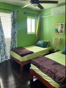 2 camas en una habitación con paredes verdes en STUNNING 2 Bedroom House at Point Village Negril en Negril