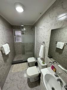 a bathroom with a toilet and a sink and a shower at Dreams in Río Gallegos