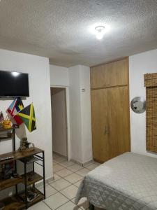 1 dormitorio con 1 cama y puerta de madera en Oasis Casa 120 en Santa Anita
