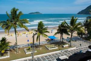- une vue sur la plage bordée de palmiers et l'océan dans l'établissement 02 Doutor hostel 800 mts da praia, à Guarujá