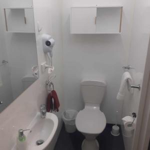 a white bathroom with a toilet and a sink at Hope Street Apartments in Dunedin