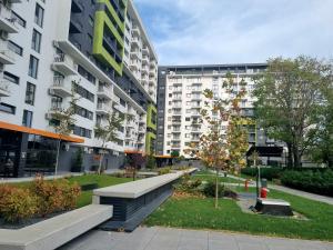a park in front of a large apartment building at Ana&Patrick FriendlyApartment in Oradea