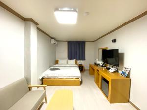 a hotel room with a bed and a tv at Suanbo Hot Spring Healing Hotel in Chungju
