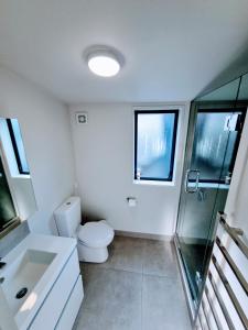 ein Bad mit einem WC, einem Waschbecken und einer Dusche in der Unterkunft Cottage on Matai in Wanaka