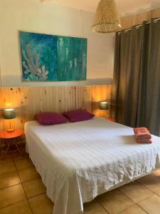 a bedroom with a large bed with two lamps and a painting at LE MEDINILLA in Bras-Panon