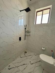 a white bathroom with a shower and a toilet at Moderní Apartmány Raka in Nungwi