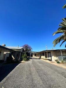 an empty street in front of houses with a palm tree at The Shamrock Hotel Balranald in Balranald