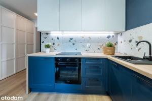 una cocina azul con armarios blancos y fregadero en Apartament Gdańska, en Łódź