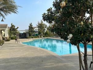 una piscina con un árbol en el primer plano en Ontario Mills & Claremont colleges single Villa en Upland