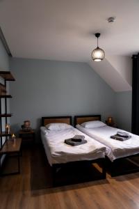 AINO Hotel في Pilipets: سريرين توأم في غرفة ذات سقف