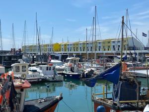 a bunch of boats docked in a harbor with a building at Seascape - Floating Home at Brighton Marina with free Parking in Brighton & Hove