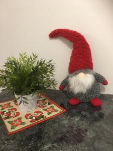 a santa claus doll sitting next to a plant at Aurora Center 3 in Rovaniemi