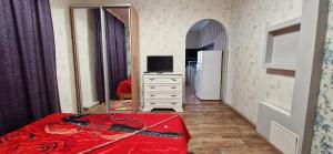 een slaapkamer met een bed en een televisie en een spiegel bij Yanovskogo 1k Shin in Kropyvnytsky