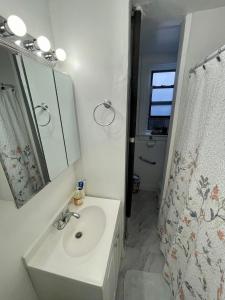 a bathroom with a sink and a mirror and a shower at Room in a 2 Bedrooms apt. 10 minutes to Time Square! in West New York