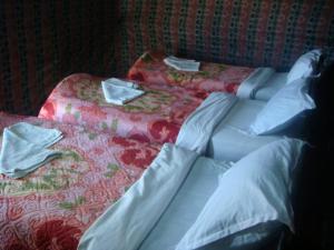 two beds in a hotel room with pillows at Honeymoon Luxury Glamping in Hassilabied