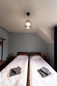 AINO Hotel في Pilipets: سريرين في غرفة عليها منشفتين