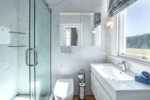 a bathroom with a toilet and a sink and a shower at The White House, Martinborough in Martinborough  +26 photos