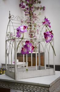 a white bird cage with purple flowers in it at Hostal Emeritae in Mérida