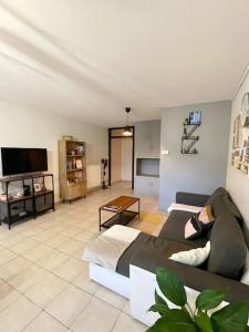uma sala de estar com um sofá e uma televisão em La maisonnette em Montauban