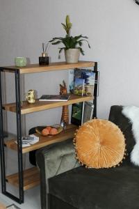 a book shelf in a living room with a couch at Dzintara apartamenti in Kuldīga