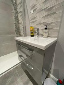 a bathroom with a white sink and a shower at Boutique Villa - Room 1 in Portadown