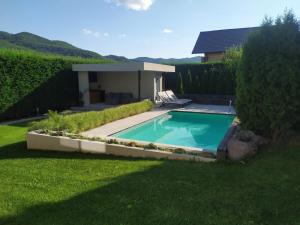 a swimming pool in a yard with a hedge at Vila Gosen in Şard