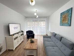a living room with a couch and a tv at Cozy Luxury Apartments - Coresi Mall #Brasov in Braşov
