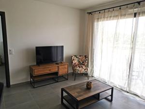 a living room with a flat screen tv and a chair at Domaine d'Arca Flaubert 20 T2 4 pers in Porto-Vecchio