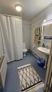 a bathroom with a shower curtain and a sink and a toilet at Åvillan - River house in Lagan
