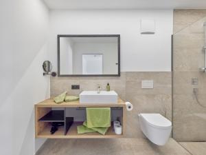 a bathroom with a sink and a toilet and a mirror at Apartment Apart Hanna am Hannesnhof by Interhome in Längenfeld