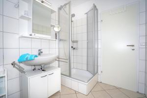 La salle de bains est pourvue d'un lavabo et d'une douche. dans l'établissement Glücksmoment Grömitz, à Grömitz