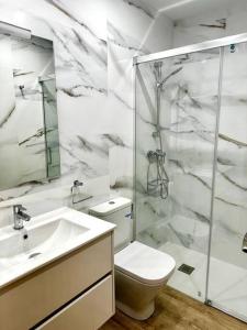 a bathroom with a toilet and a sink and a shower at Apartamento La Muralla 2C in Aguilar de Campóo