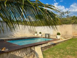 a swimming pool in a backyard with a palm tree at Espaço familiar com piscina em Penedo in Penedo