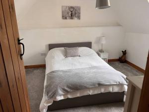 a bedroom with a bed and a cat sitting on a table at The Paddocks in Moulton Chapel