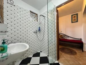 a bathroom with a sink and a glass shower at Guesthouse Mele in Gjirokastër