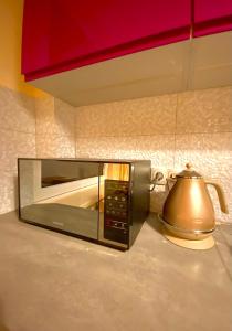 a microwave sitting on a counter next to a tea kettle at Cheap entire apartment in a super location in Kraków