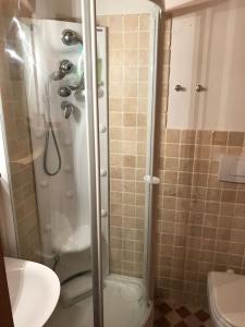 y baño con ducha, lavabo y aseo. en Delizioso appartamento a Cortina, en Zuel