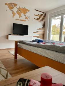 um quarto com uma cama e uma televisão de ecrã plano em Luxury City Center Apartment em Skopje