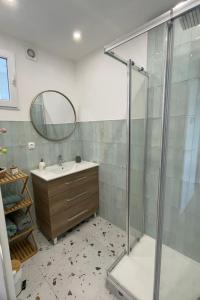 uma casa de banho com um chuveiro, um lavatório e um espelho. em Appartement Cosy Beauvais em Beauvais