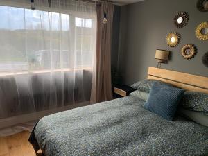 1 dormitorio con cama y ventana en Tenby house for 6 with 2 parking spaces, en Pembrokeshire