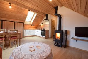 kuchnia i jadalnia z kuchenką w pokoju w obiekcie Apartament Wrzosowisko w Brennie