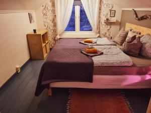 a bedroom with a large bed with a window at Arctic Circle Cabin in Överkalix