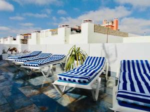 a row of blue and white lounge chairs on a roof at La Terraza Fuerteventura in Puerto del Rosario