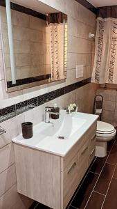La salle de bains est pourvue d'un lavabo, de toilettes et d'un miroir. dans l'établissement the cousins' house, à Palerme