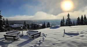 a group of benches sitting on a snow covered mountain at Øyer Fjellstugu in Øyer