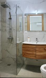 W łazience znajduje się prysznic i umywalka. w obiekcie Stunning 2 BR Near Acropolis w Atenach
