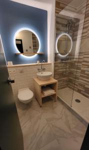 a bathroom with a toilet and a sink and a shower at Hotel Joinville Hippodrome in Joinville-le-Pont